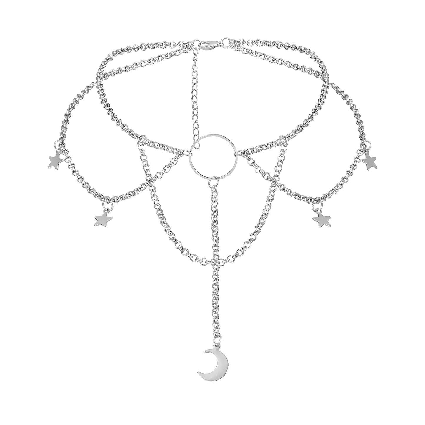 Moon & Star Layered Choker – Silver Chain Necklace