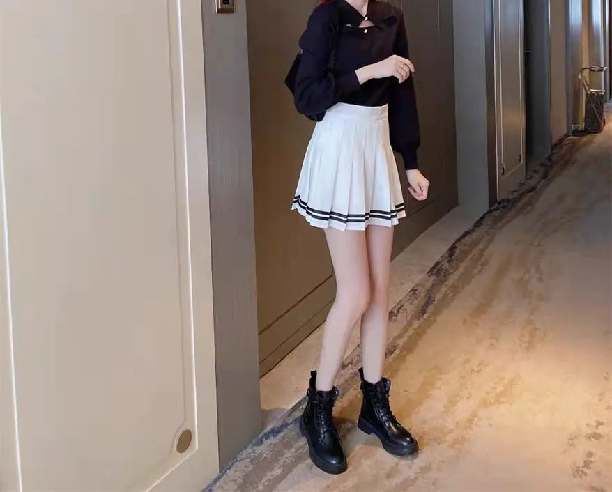 Striped High-Waisted Pleated Skirt