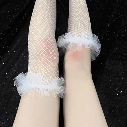Lace Trim Black Fishnet Knee-High Socks