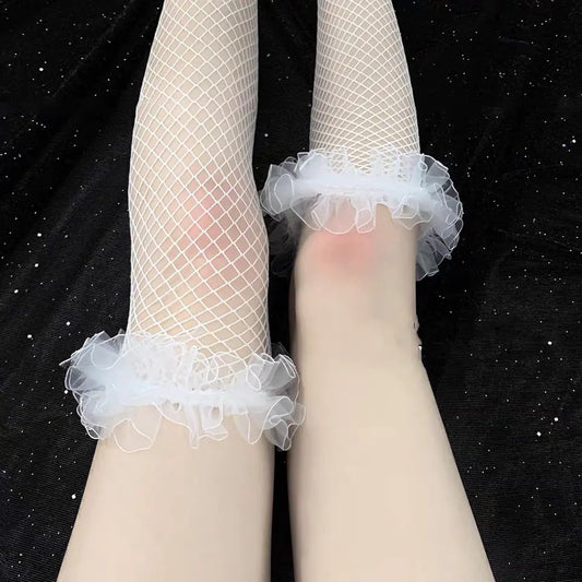 Lace Trim Black Fishnet Knee-High Socks