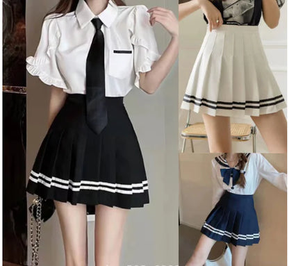 Striped High-Waisted Pleated Skirt