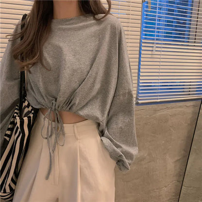 Long Sleeve Crop Top with Drawstring Hem