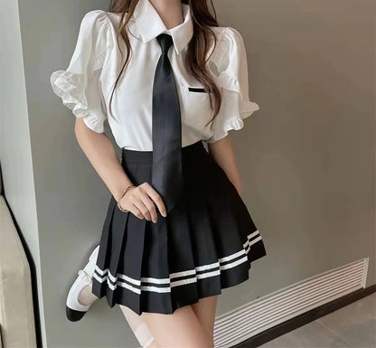 Striped High-Waisted Pleated Skirt