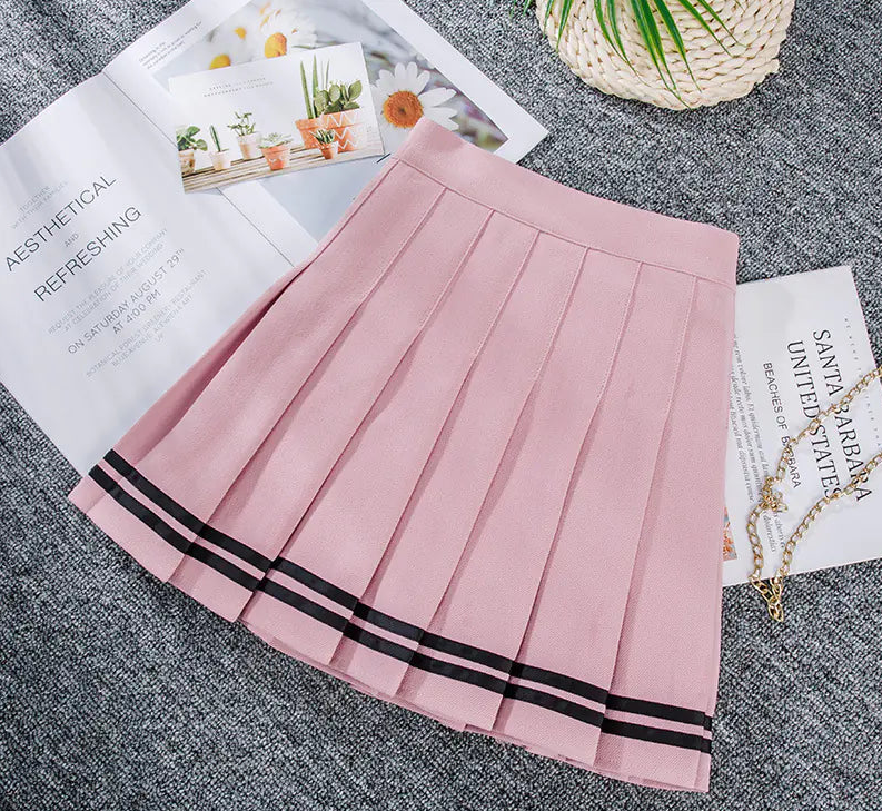 Striped High-Waisted Pleated Skirt