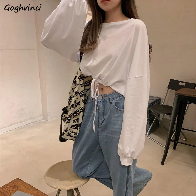 Long Sleeve Crop Top with Drawstring Hem