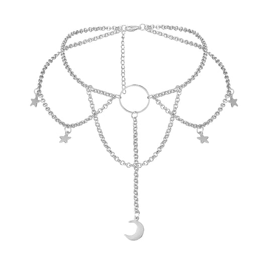 Moon & Star Layered Choker – Silver Chain Necklace