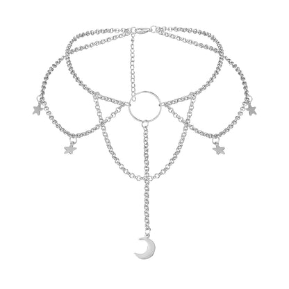 Moon & Star Layered Choker – Silver Chain Necklace