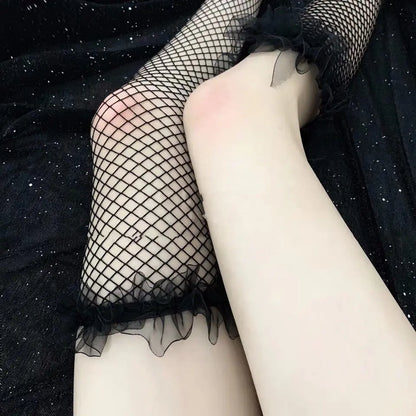 Lace Trim Black Fishnet Knee-High Socks